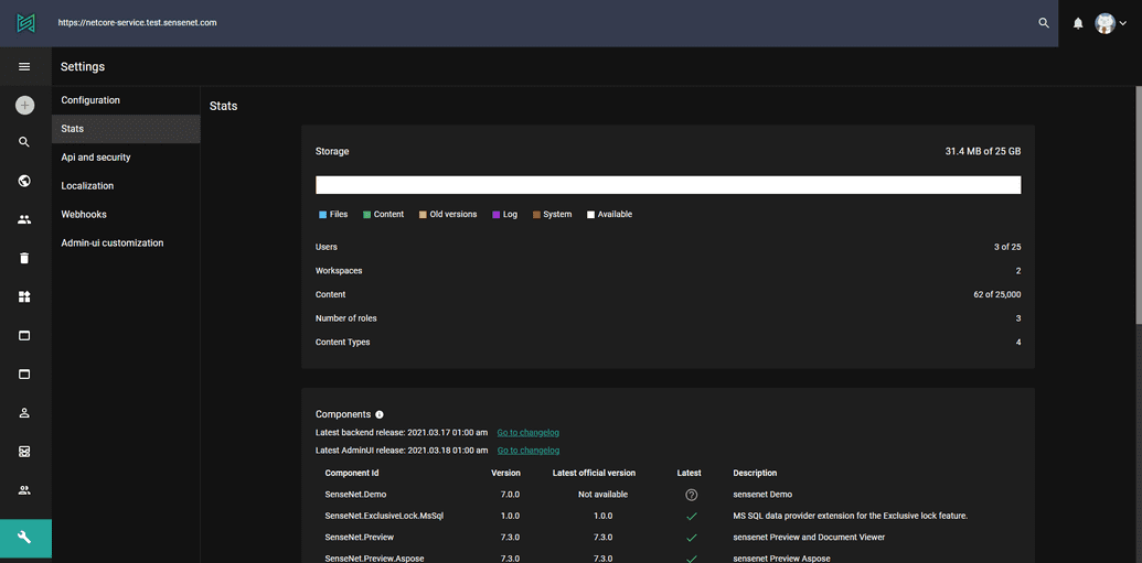 Settings page